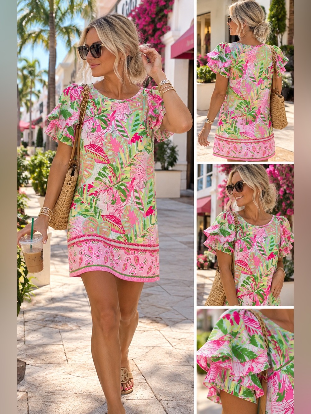 Cappagallo Pink Green Tropical Palm Print Ruffle Sleeve Shift Dress